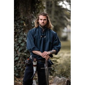 Meliertes Stehkragen-Schnürhemd "Georg" Blau XL