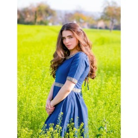 Edles Kurzarmkleid mit Bordüre "Ennlin" Blau S