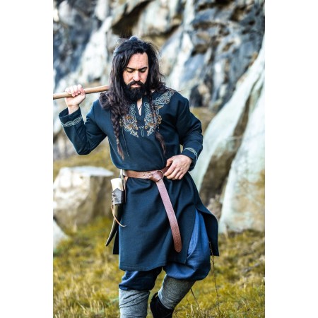 Wikinger Tunika "Snorri" mit Urnes-Stil Handstickerei Schwarz XXXL