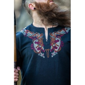 Wikinger Tunika "Snorri" mit Urnes-Stil Handstickerei Schwarz-Rot L