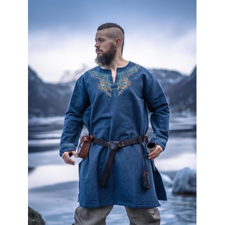 Wikinger Tunika "Snorri" mit Urnes-Stil Handstickerei Graublau L