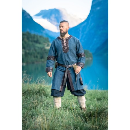 Herren Wikinger Tunika "Leif" mit Lederapplikationen Blau L