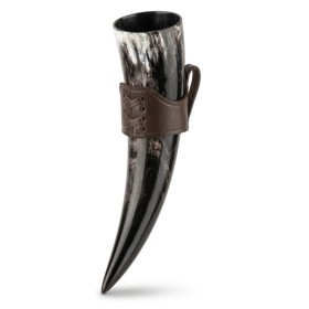 Wikinger Trinkhorn-Set "Odin & Hume" – 0,3 L Trinkhorn mit Leder-Hornhalter, lebensmittelecht