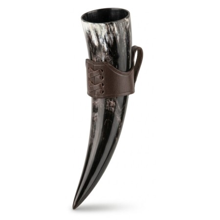 Wikinger Trinkhorn-Set "Odin & Hume" – 0,3 L Trinkhorn mit Leder-Hornhalter, lebensmittelecht
